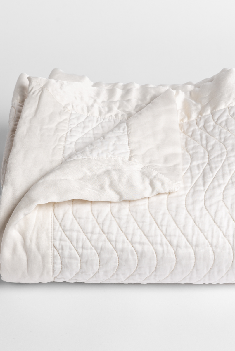 Winter White: a folded quilted cotton sateen baby blanket with its corner folded down to show the trim contrast - shot against a white background. 